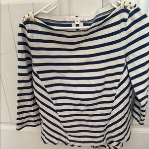 White and Blue Bateau Neck 3/4 Sleeve Boxy Blouse with Sailor Collar